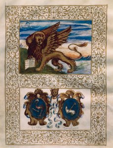 Le lion ailé de Venise et les armoiries de Leffe et Gandino, miniature du Privilegio della Serenissima alla Val Gandino, 18 juin