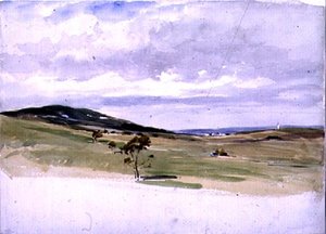 Paysage avec moulin à vent et village