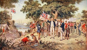 Le capitaine Cook prenant possession de la Nouvelle-Galles du Sud, 1770, illustration de 