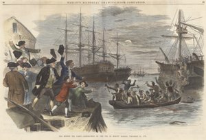 La Boston Tea Party ? Destruction du thé dans le port de Boston, 16 décembre 1773, de Ballous Pictorial Drawing-Room Companion, pub. 1865 - John Andrew
