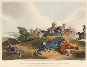 Le prince Blucher sous son cheval à la bataille de Waterloo, au moment où la cavalerie française chargeait sur lui, gravé par M. Dubourg, 1819