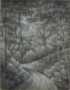 Paysage avec un chemin à travers une forêt et un temple classique