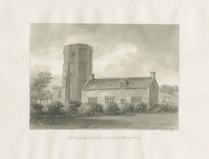 Dilhorne - Église et école secondaire : dessin sépia - John Buckler