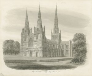 Cathédrale de Lichfield - Vue sud-ouest : dessin sépia