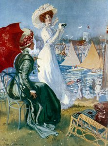 Belle époque : « Jeunes femmes suivant les régates avec des jumelles » Lithographie par John Cameron (20e siècle) Paris, Arts décoratifs