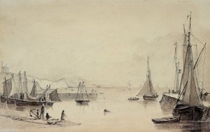 Port de Folkestone avec navires, falaise de Shakespeare au loin - John Carpenter