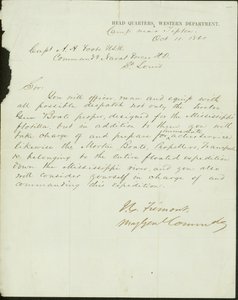 Lettre signée J.C. Fremont, Major Général Commandant, Quartier Général, Département de l