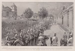 La reddition de Santiago, hissant le drapeau des États-Unis sur le palais du gouverneur