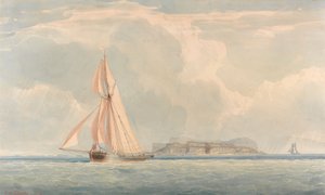 Bateau naviguant vers la gauche avec île en arrière-plan - John Christian Schetky