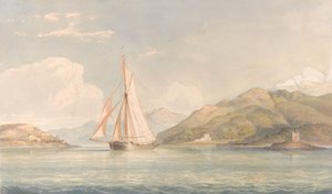 Bateau naviguant vers la gauche avec des montagnes en arrière-plan - John Christian Schetky