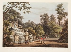 Grand Trianon, Fontaine dans le jardin, illustration de Versailles, Paris et Saint Denis, pub. 1805 - John Claude Nattes