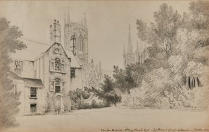 Vue du jardin de Henry Thorold, Esq., sa maison et la cathédrale de Lincoln - John Claude Nattes