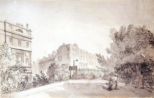 Vue de Fitzroy Square avec deux personnages tirant un rouleau de jardin, vers 1808
