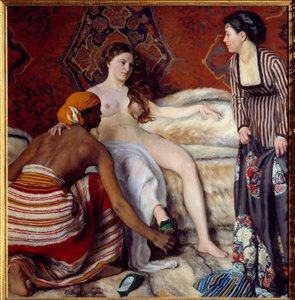 Orientalisme : La toilette. Une jeune femme blanche assistée de ses deux servantes fait sa toilette. Peinture par Frédéric Bazille 1869 Montpellier, Musée Fabre