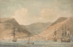 Vue de Jamestown, Sainte-Hélène, depuis la mer avec des navires