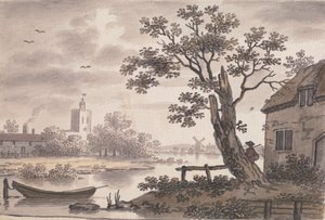 Scène de rivière avec église, cottage et moulin à vent