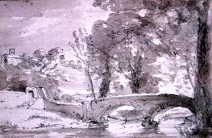 Pont avec arbres et bâtiments, à Haddon