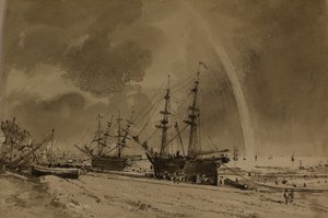 Plage de Brighton avec un arc-en-ciel : déchargement des colliers, vers 1792 (aquarelle sur papier) - John Constable