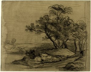 Rive avec arbres (recto) ; Troupeau de bovins sous les arbres, avec croquis du paysage en médaillon (verso) - John Constable
