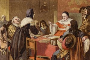 La femme de John Bunyan plaidant auprès de Sir Matthew Hale pour la libération de son mari de la prison de Bedford (chromolithographie)