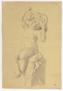 Statue antique de putto assis tenant un masque de Silène