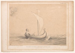 Caricature de Lord Russell dans un petit voilier (Sailing before the wind, With Breakers ahead. A narrow escape, HB Sketches) - John Doyle