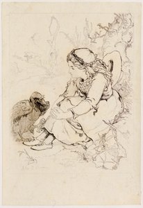 Fille assise et grand oiseau