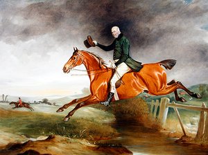 Portrait de George Marriott sur son cheval bai franchissant une clôture avec une chasse au-delà