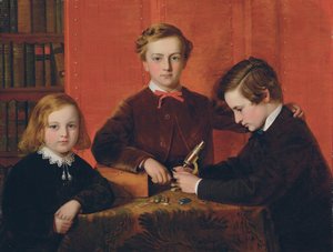 Les jeunes microscopistes : Portrait de Frank, Harry et Arthur Izod Richards, âgés de 10, 8 et 5 ans, jouant avec un microscope