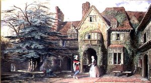 Extérieur de Stoke House, avec des personnages