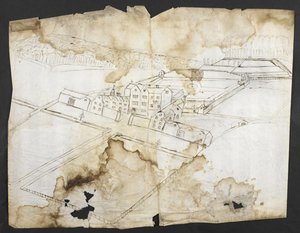 Perspective de Wotton avec le jardin, la grotte et les environs depuis le nord-ouest - John Evelyn