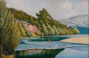 Scène de rivière avec pêcheur