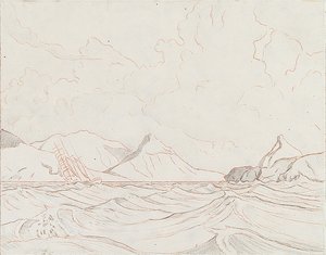 Paysage marin avec navire passant devant la terre (1), début du XXe siècle
