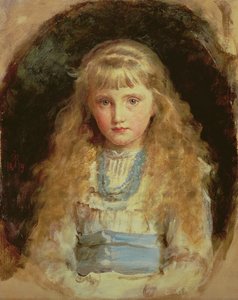 Portrait de Beatrice Caird portant une robe blanche avec une ceinture bleue