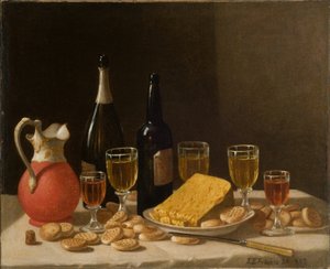 Nature morte avec bouteilles, vin et fromage 1857