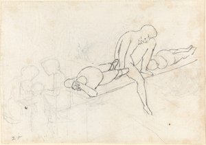 Homme assis flanqué de deux figures allongées ; Groupe de figures dans le coin inférieur gauche - John Flaxman