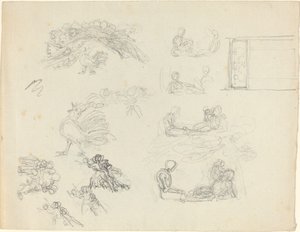 Études de coq chantant et de figures allongées