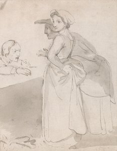 Deux femmes parlant à un homme à un comptoir - John Flaxman