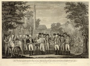 La reddition des armes britanniques au général Washington après leur défaite à Yorktown en Virginie, octobre 1781, pub. 1819 (gravure)