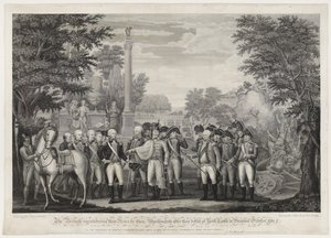 La reddition des armes britanniques au général Washington après leur défaite à York Town en Virginie, octobre 1781
