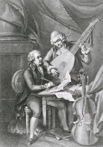 Portrait de Franz Joseph Haydn et Wolfgang Amadeus Mozart composant de la musique pour le luth, gravé par Michele Benedetti