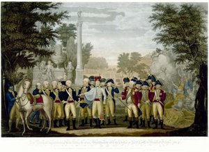 Les Britanniques remettant leurs armes au général Washington après leur défaite à Yorktown en Virginie, octobre 1781