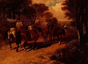 Chevaux de carrosse et palefreniers sur un chemin