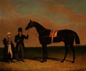 Rockingham de M. Richard Watts tenu par son entraîneur Forth avec le jockey Sam Darling, vainqueur du St. Leger 1833 et de la Goodwood Cup