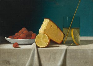 Nature morte avec gâteau, citron, fraises et verre