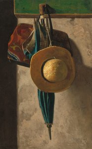Chapeau de paille, sac et parapluie