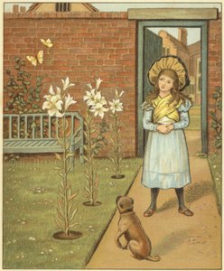 Fille dans un jardin clos, à côté de lys et de son chien