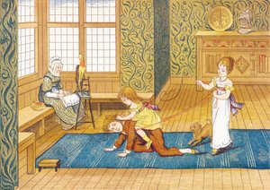 Temps de jeu - trois enfants jouent, le plus jeune monte sur le dos de son frère, attaché à un renne tenu par sa sœur, dans un salon, près de leur grand-mère qui file la laine - Extrait de l