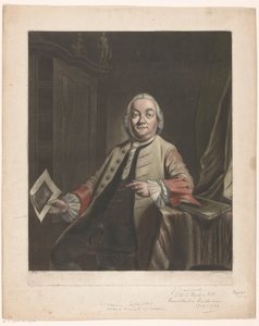 Portrait de Simon Fokke tenant la gravure du pillage de la maison de Gerrit Hagedooren, 1751 - John Greenwood