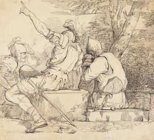 Trois soldats en armure assis sur des blocs de pierre - John Hamilton Mortimer
